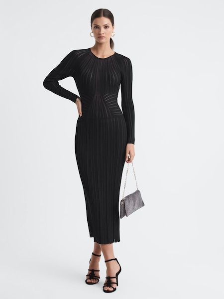 Sheer Striped Bodycon Midi Dress in Black (961580) | $278
