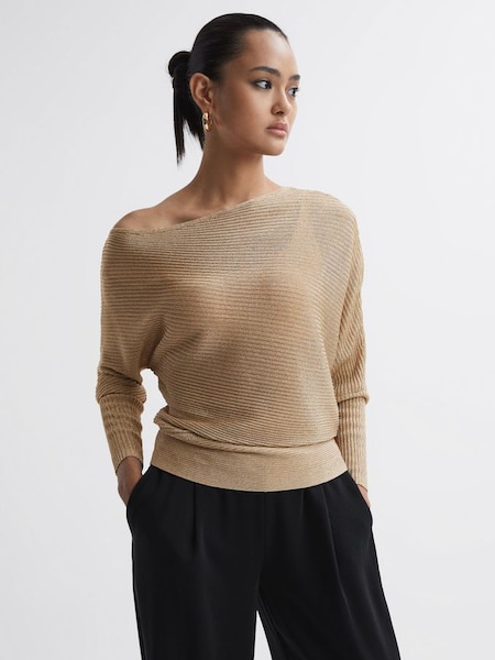 Metallic Asymmetric Knitted Top in Gold (971149) | $143