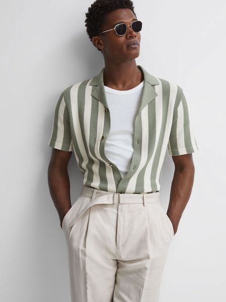 Reiss | Ché Crocheted Cuban Collar Button Through Shirt in Ecru/Sage (977452) | €98