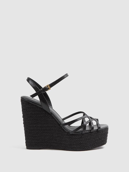 Leather Raffia Platform Wedge Heels in Black (980012) | $320