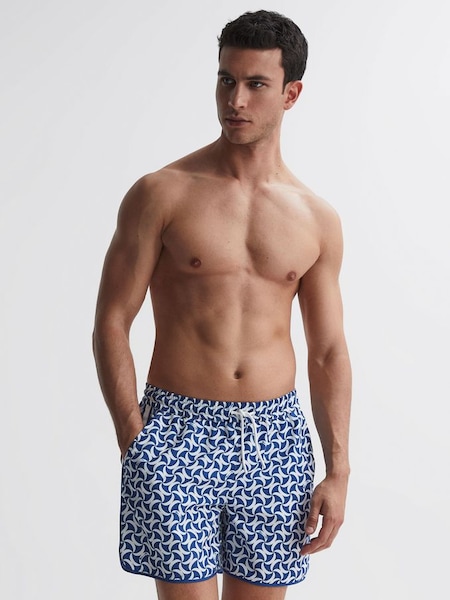 Reiss | Ché Printed Drawstring Swim Shorts in Bright Blue/White (980183) | $135