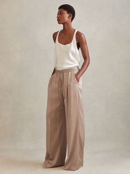 Satin Drawstring Wide Leg Trousers in Gold (980217) | $380