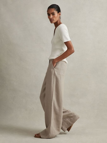 Linen Wide Leg Garment Dyed Trousers in Light Khaki (980239) | $310