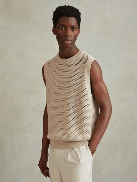 Cotton Blend Crochet Vest in Soft Taupe (990372) | $180