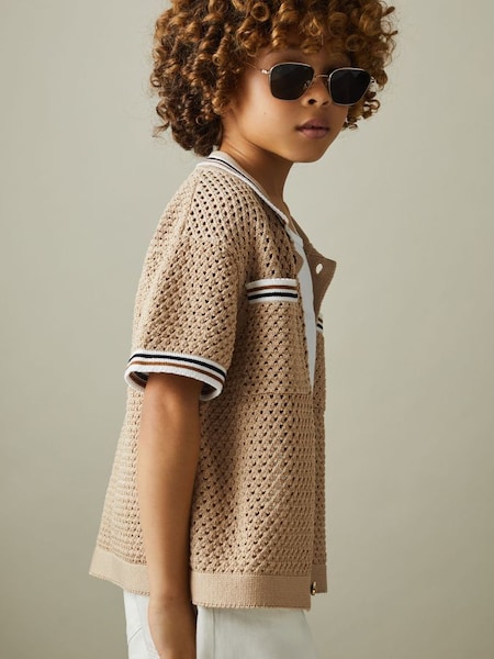 Junior Crochet Contrast Trim Shirt in Soft Taupe (990470) | CHF 70