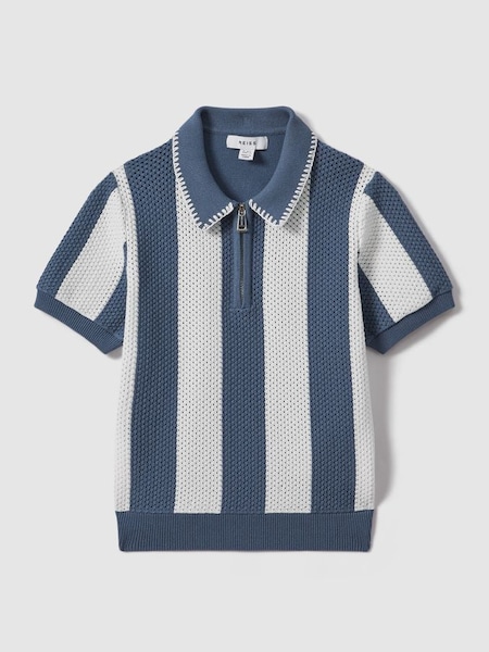Knitted Striped Half Zip Polo Shirt in Airforce Blue/Ecru (991085) | SAR 295