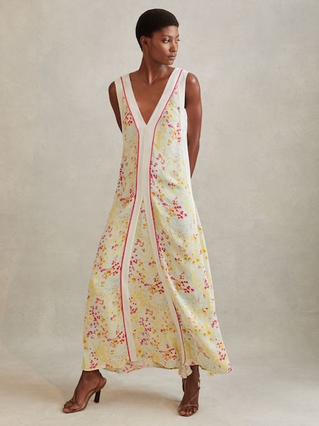 Roze/gele lange jurk met bloemenprint (991124) | € 470