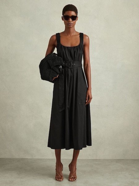Cotton Ruched Strap Belted Midi Dress in Black (991144) | HK$2,230