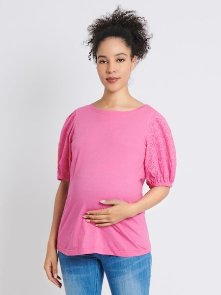 Broderie Sleeve Maternity T-Shirt in Pink (991174) | $42