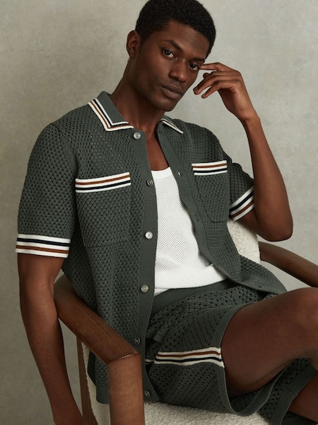 Cotton Blend Crochet Drawstring Shorts in Dark Sage Green (991347) | $260
