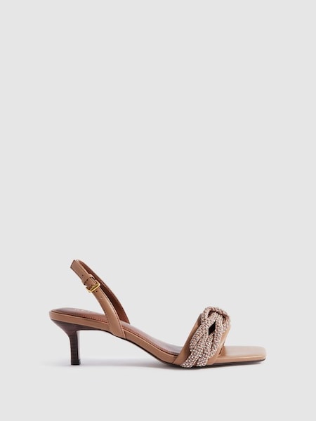 Leather Embellished Knot Kitten Heels in Tan (991447) | $325