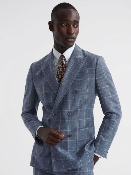Slim Fit Wool Linen Check Double Breasted Blazer in Indigo (991623) | $360