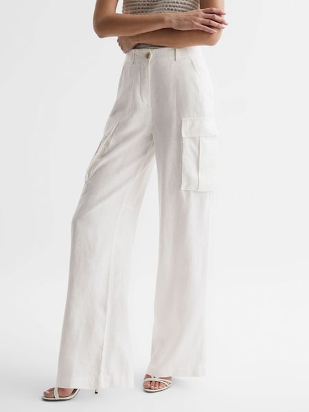 Petite Linen Wide Leg Trousers in White (992329) | $187