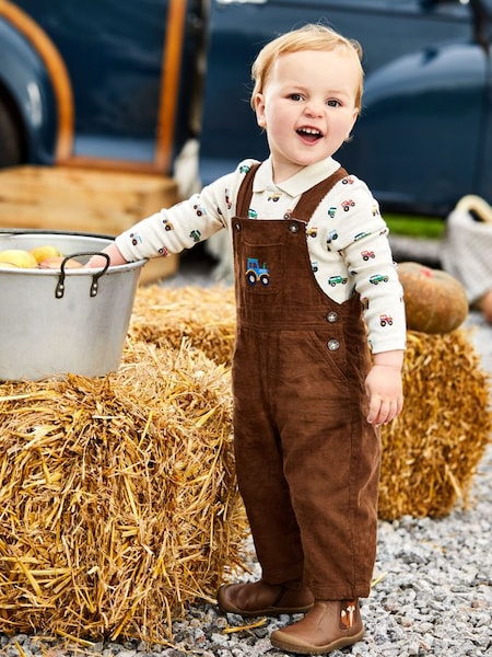 Caramel Tractor Embroidered Pocket Cord Dungarees in Toffee Brown Tractor (9BZ046) | $42