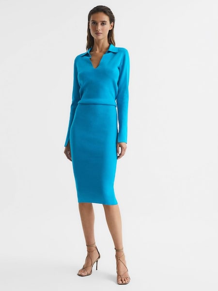 Rib-Knitted Midi Dress in Blue (A10214) | $184
