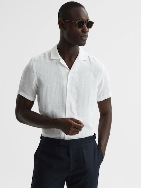 Linen Cuban Collar Shirt in White (A11835) | $122