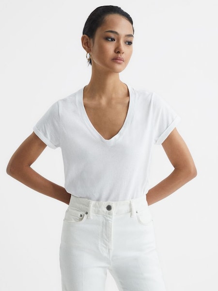 白色平織棉質V領T恤 (A34571) | HK$530