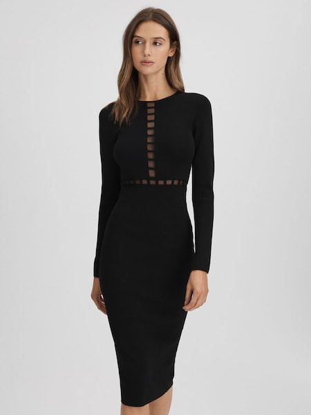 Mesh Panel Midi Dress in Black (A43546) | $320