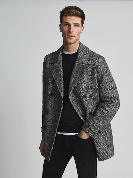 Manteau coupe croisée gris à chevrons (A76230) | 270 €