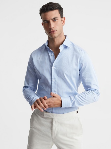 Slim Fit Cotton Satin Striped Cutaway Collar Shirt in Blue Stripe (A76350) | €95