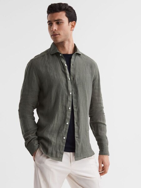 Linen Button-Through Shirt in Olive (A76400) | CHF 92