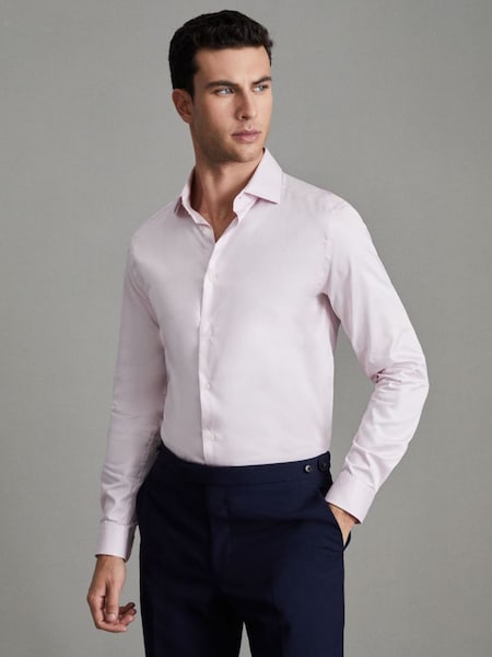 Slim Fit Cotton Satin Cutaway Collar Shirt in Pink (A76420) | HK$453