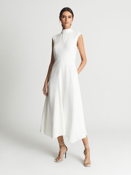 Petite Open Back Midi Dress in White (A93382) | $153