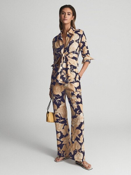 Printed Wide Leg Linen Trousers in Navy Print (A93387) | €79