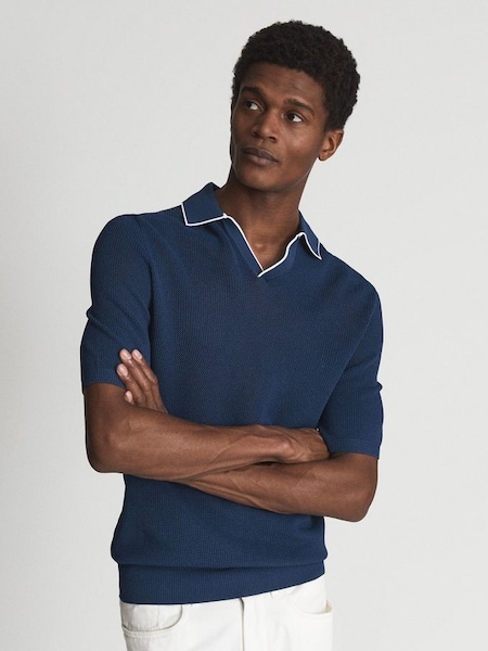 Open Collar Pointelle Polo Shirt in Navy Blue (A95146) | €49