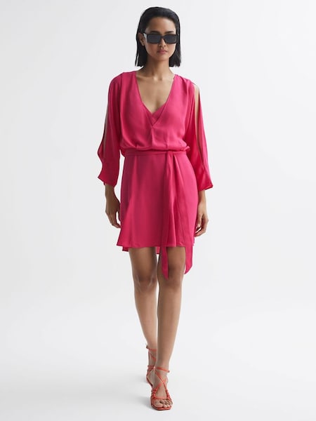 Open Back Split Sleeve Mini Dress in Bright Pink (A96977) | $181