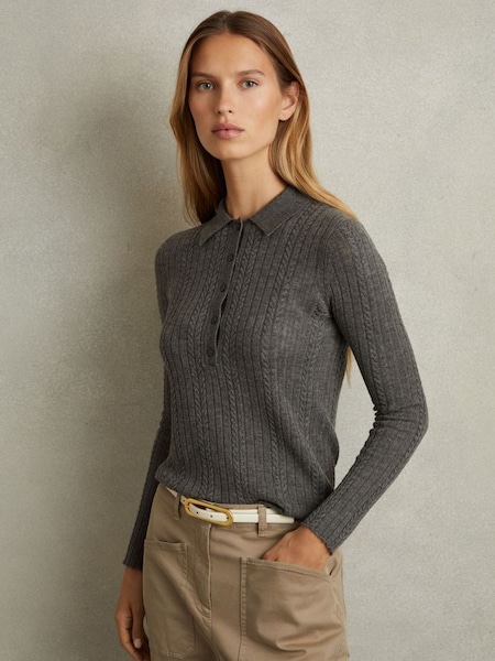 Jade Charcoal Wool Cable Knit Polo Neck Jumper (AA3666) | $210