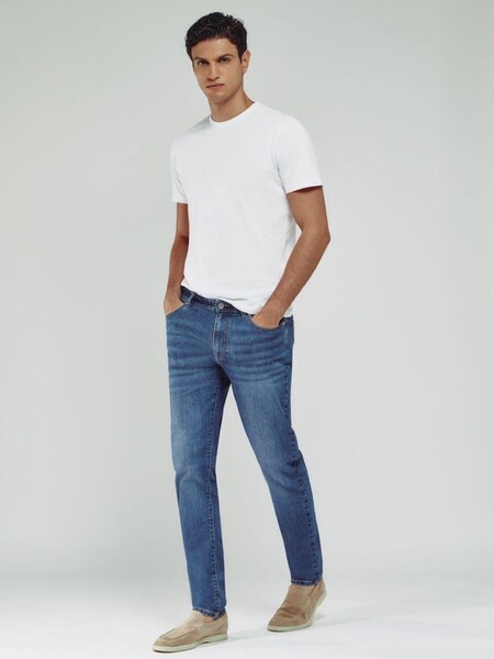 Tapered Slim-Fit Jeans in Mid Blue Wash (AA6709) | US$160