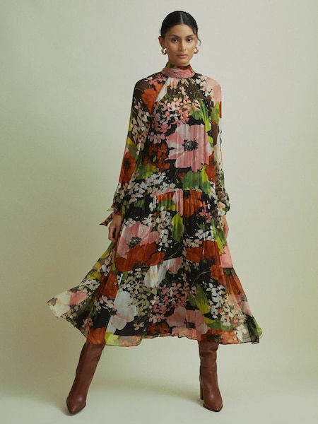 Florere Multi Tiered Tie Neck Midi Dress in Multi (AB1711) | US$475