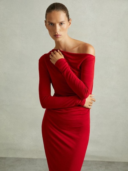 Off-The-Shoulder Jersey Midi Dress in Red (AB2025) | $210