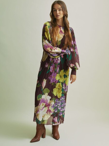 Florere Pleated Blouson Sleeve Midi Dress in Purple (AB2085) | US$330