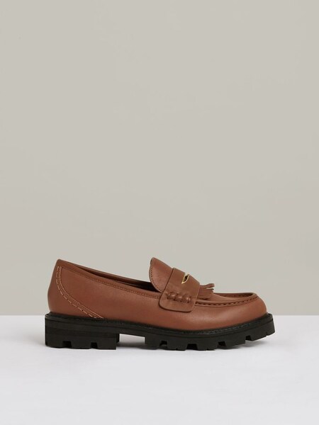 Leather Fringed Chunky Penny Loafers in Tan (AC9351) | US$285