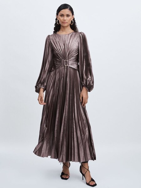 Acler Satin Pleated Midi Dress in Coffee (AF7454) | CA$790