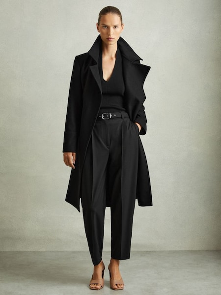 Wool Blend Belted Double Breasted Coat With Cashmere in Black (AJ1164) | CHF 545