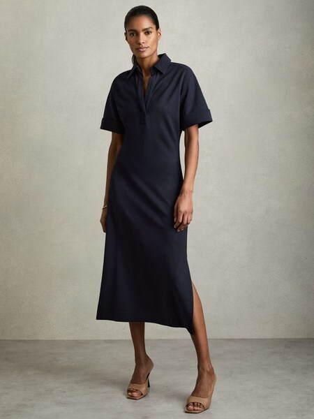 Jersey Open-Collar Bodycon Dress in Navy (AK7650) | TRY 225