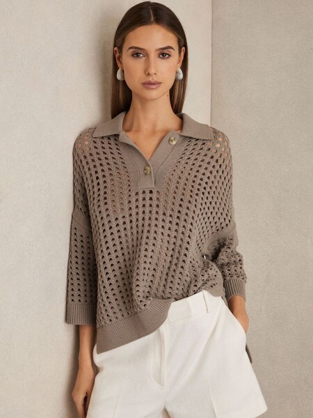 Cotton Crochet Collared Jumper in Stone (AL1166) | US$195