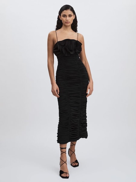 Acler Gathered Midi Black Dress with Rosettes in Black (AP0251) | CA$1,030