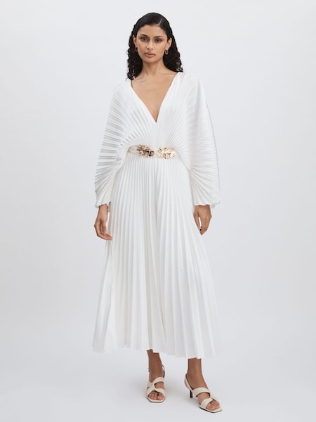 Wonastow Pleated Maxi Dress with Belt in Cream (AP0294) | CA$1,200