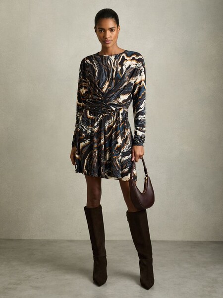 Jersey Printed Tie-Waist Mini Dress in Black/Blue (AR3937) | $325