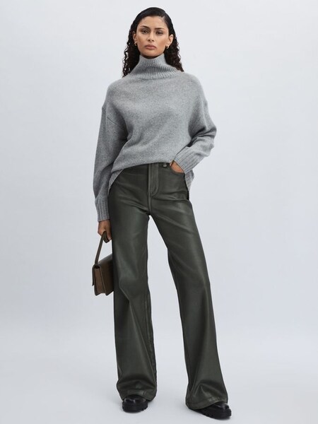 Paige Leather-Look Wide-Leg Jeans in Dark Green (AW1343) | TRY 580