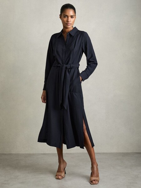 Long-Sleeve Belted Midi Dress in Navy (AW6767) | US$240