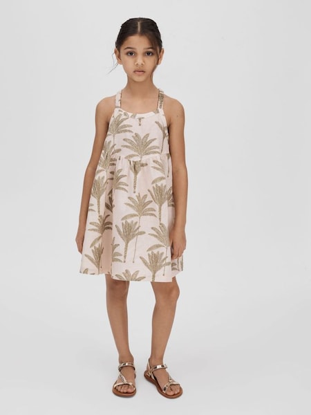 Junior Linen-Cotton Tropical Dress in Neutral (B02676) | SAR 370