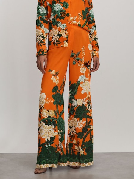 Raishma Silk Printed Wide-Leg Trousers in Orange (B05356) | $595