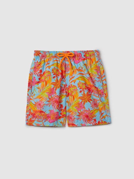 Vilebrequin Tropical Print Drawstring Swim Shorts in Santorin Orange (B10904) | $465