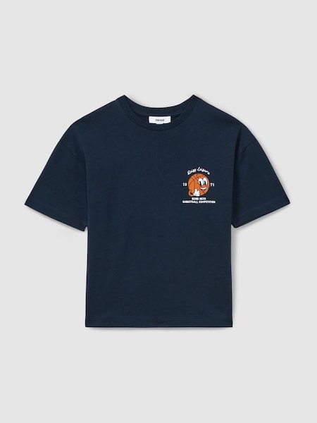 Teen Oversized Cotton Basketball Motif Crew Neck T-Shirt in Washed Navy (B12918) | SAR 160
