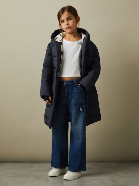 Junior Water Resistant Belted Puffer Coat in Navy (B26880) | CHF 140